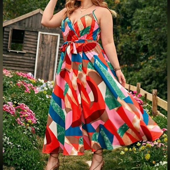 Boho Bohemian Plus Size Geo Abstract PatchWork Print Halter Ruffle Maxi Dress - Picture 4 of 6